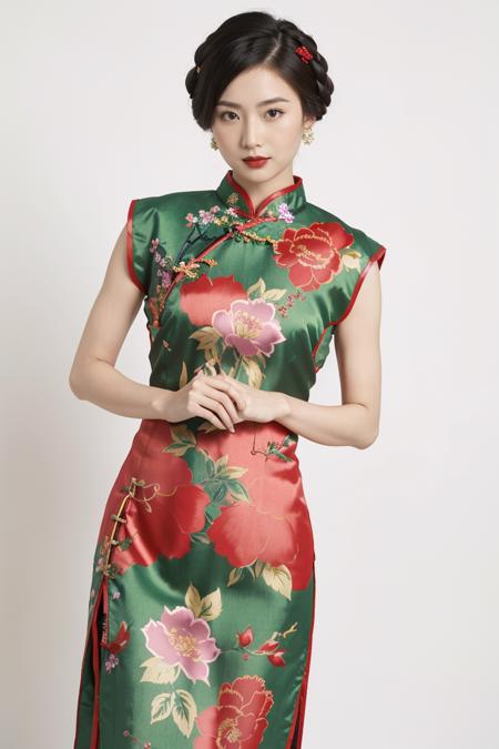 11059-3817915034-A woman striking a poised stance,with a traditional East Asian influence. She's wearing a floral-patterned qipao in rich red and.png